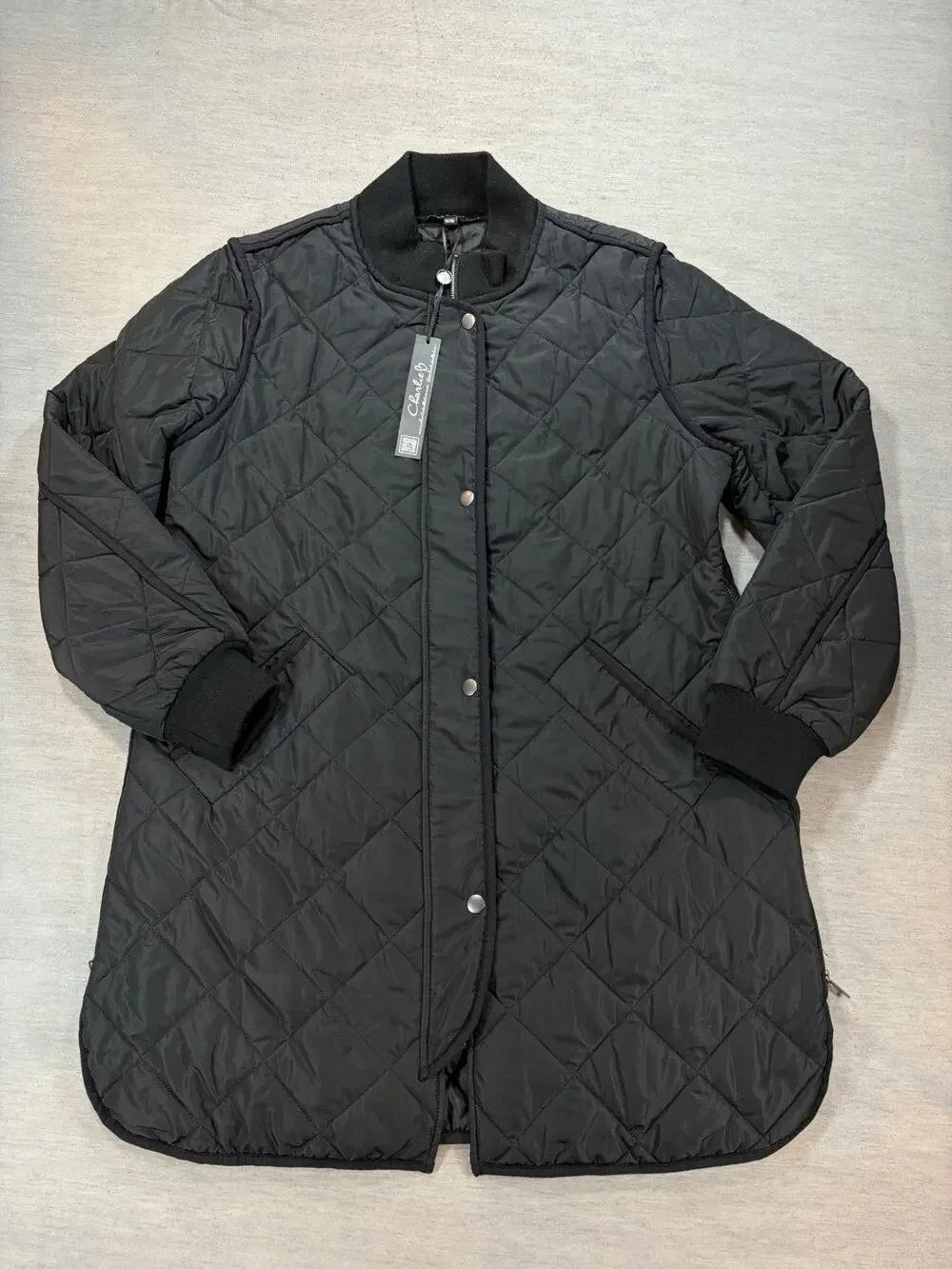 Charlie B Quilted Puffer Coat Size M Black Zip Snap Front/Side Mid Length Jacket